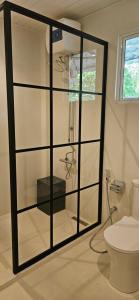 a glass shower in a bathroom with a toilet at Villa The Leaf in Weligama +56 photos