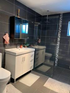 a bathroom with a shower and a sink and a toilet at Great choice*3 Bedrooms in Fairfield