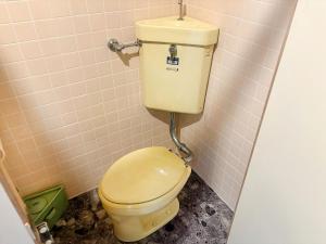 uma casa de banho com um WC amarelo numa cabina em エコホテル　湯の児荘 em Mizumata