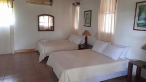 Habitación de hotel con 2 camas y ventana en Hotel Cacao Río Celeste, en Bijagua
