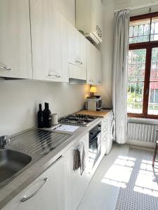 a white kitchen with a sink and a stove at Veneto Villa in Padua in Villa Osti