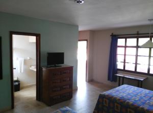 ein Schlafzimmer mit einem Bett und einem TV auf einer Kommode in der Unterkunft Hotel Debliz Xpujil in Chicanna
