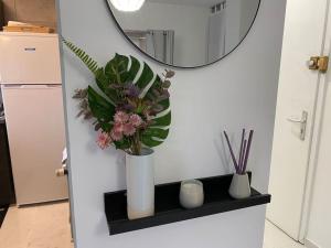 um vaso com flores numa prateleira com um espelho em Appartement cosy 29 m2 à 5 min Basel parking gratuit em Saint-Louis