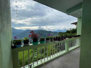 un balcón con macetas en una valla en Mountaintop Guest House, en Bhurtuk