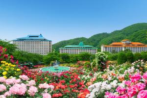 a garden of flowers with buildings in the background at Hotel Senshukaku in Hanamaki