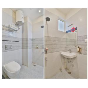 twee foto's van een badkamer met toilet en wastafel bij Hotel Aarya in Lucknow