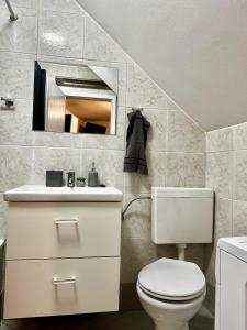 bagno con servizi igienici, lavandino e specchio di Apartma JUGO a Capodistria