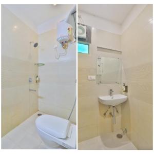 twee foto's van een badkamer met toilet en wastafel bij Hotel Aarya in Lucknow