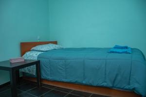 a bed in a room with a blue wall at Eleni's Home 