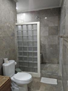 a bathroom with a toilet and a walk in shower at Sekuta Condo Suites in Sanur