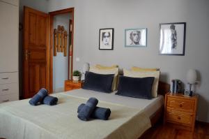 a bedroom with two beds with blue pillows at Family and Relaxing House in a Village in Rodotópion