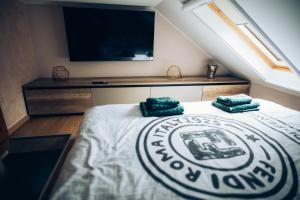 a bedroom with a bed with a television on the wall at Villa Marta in Kanjiža