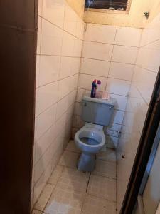 a small bathroom with a blue toilet in a room at Drish Haven in Nairobi