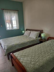 2 camas en un dormitorio con paredes verdes en Korasida Blue Coast, en Akhladherí