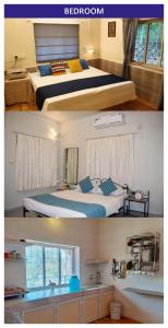 twee foto's van een slaapkamer met twee bedden en een wastafel bij Wren House in Karjat