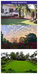 twee verschillende foto's van een park met bomen en bloemen bij Wren House in Karjat