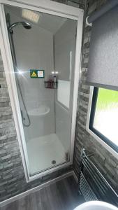 a shower stall in a bathroom with a sink at 238 Arran View, Craig Tara Holiday Park in Ayr