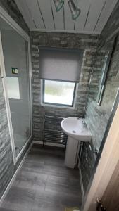 a bathroom with a sink and a shower and a window at 238 Arran View, Craig Tara Holiday Park in Ayr