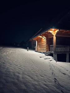 a log cabin with snow on the ground at night at Domki góralskie na Podhalu Zakopane in Tokarnia