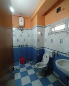 a blue and white bathroom with a toilet and a sink at Hotel Ellora Cooch Behar in Koch Bihār