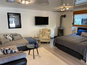 ein Schlafzimmer mit einem Bett, einem Sofa und einem TV in der Unterkunft Toms Ferienhütte in Annweiler am Trifels