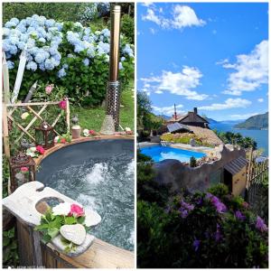 dos fotos de un jardín y una piscina en Wellness Suite Apartment - Whirlpool-Sauna-Private Pool -Lake View en Maccagno Superiore