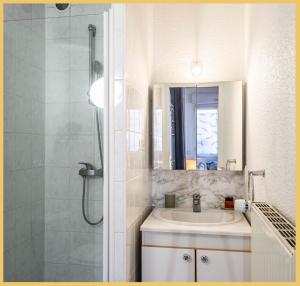 een badkamer met een wastafel en een douche met een spiegel bij Appartement Le Blansin in Saint Pierre en Faucigny