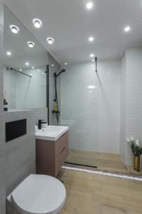 een badkamer met een toilet, een wastafel en een douche bij Hermann Central Apartment in Sibiu