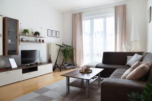 a living room with a couch and a tv at Feel Like Home @Strakova, Very central luxury APT in Bratislava