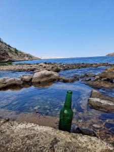 eine grüne Flasche auf den Felsen in der Nähe des Wassers in der Unterkunft Apartman Bačarije,Pag-Prizna in Seline