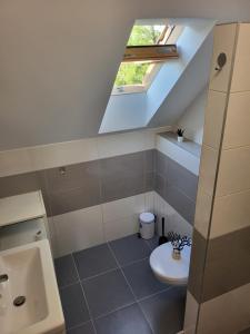 a bathroom with a toilet and a sink at WHS Apartments in Monostorapáti