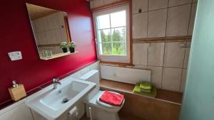 ein Bad mit einem Waschbecken, einem WC und einem Fenster in der Unterkunft Gasthaus Fuchsacker in Degersheim