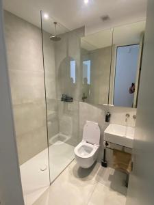 a white bathroom with a toilet and a sink at Regents Park Apartments in London