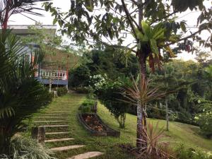 a garden with stairs and trees and a bus at Bangnu Greenery Resort in Takua Thung