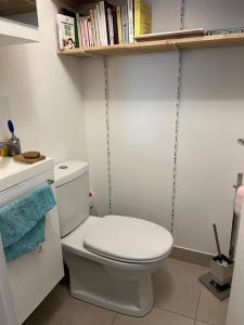 a bathroom with a white toilet and a book shelf at Sunny Private Bedrooms in Peaceful Shared Flat near Bois de Vincennes in Fontenay-sous-Bois