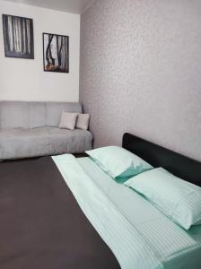 ein Wohnzimmer mit einem Bett und einem Sofa in der Unterkunft Апартаменти в центрі Хмельницького (біля ТРЦ ЛибідьПлаза) in Chmelnyzkyj