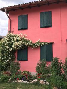 San Vito al Torre的住宿－DIMORA IL CAMMINO，粉红色的房子,设有绿色的窗户和鲜花