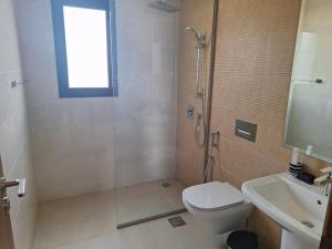 luxurious villa في Al Budayyiâ€˜: حمام مع دش ومرحاض ومغسلة