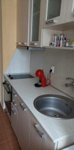 um balcão de cozinha com um lavatório e um misturador vermelho em Apartment Moni 2 em Veliko Tarnovo