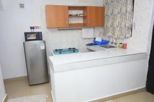 モンバサにあるOne bedroom fully furnished apartment at bamburiの冷蔵庫とシンク付きの小さなキッチン