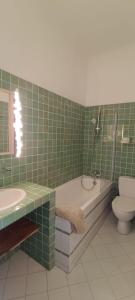 La salle de bains est pourvue de carrelage vert, d'une baignoire et de toilettes. dans l'établissement Le Clos des Galéjades, à Porquerolles
