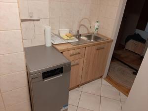 a small kitchen with a sink and a dishwasher at Apartament Sopotkowo "WYJĄTKOWY" in Sopot