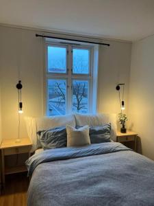 een slaapkamer met een bed met 2 lampen en een raam bij Apartment with Terrace & View in Bergen