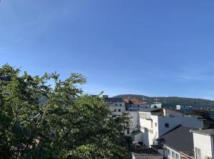 uitzicht op een stad met gebouwen en een boom bij Apartment with Terrace & View in Bergen