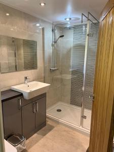 y baño con lavabo y ducha. en Pantglas Hall Holiday Lodges and Leisure Club, en Carmarthen