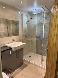 a bathroom with a sink and a shower at Pantglas Hall Holiday Lodges and Leisure Club in Carmarthen