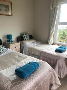 a bedroom with two beds with blue pillows on them at Sunny Bank Guest House in Hythe