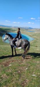 a woman riding a horse in a field at Brvnara Katun in Žabljak