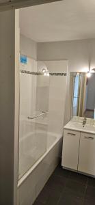 a white bathroom with a shower and a sink at Appartement 2 chambres avec terrasse et garage in Saint-André-lez-Lille +11 photos