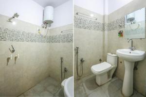 2 zdjęcia łazienki z toaletą i umywalką w obiekcie FabHotel Pranjul Inn w mieście Allahabad